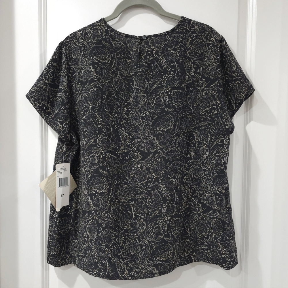 Jones New York Vintage Deadstock Black Tan Patterned Short Sleeve 100% Silk Top - Picture 4 of 14